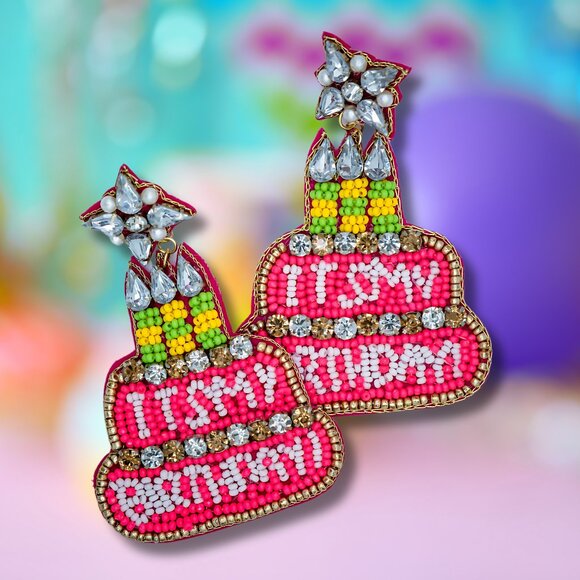 IT'S MY BIRTHDAY Crystal & Bead Pink Cake Gift Statement Earrings - Picture 1 of 3